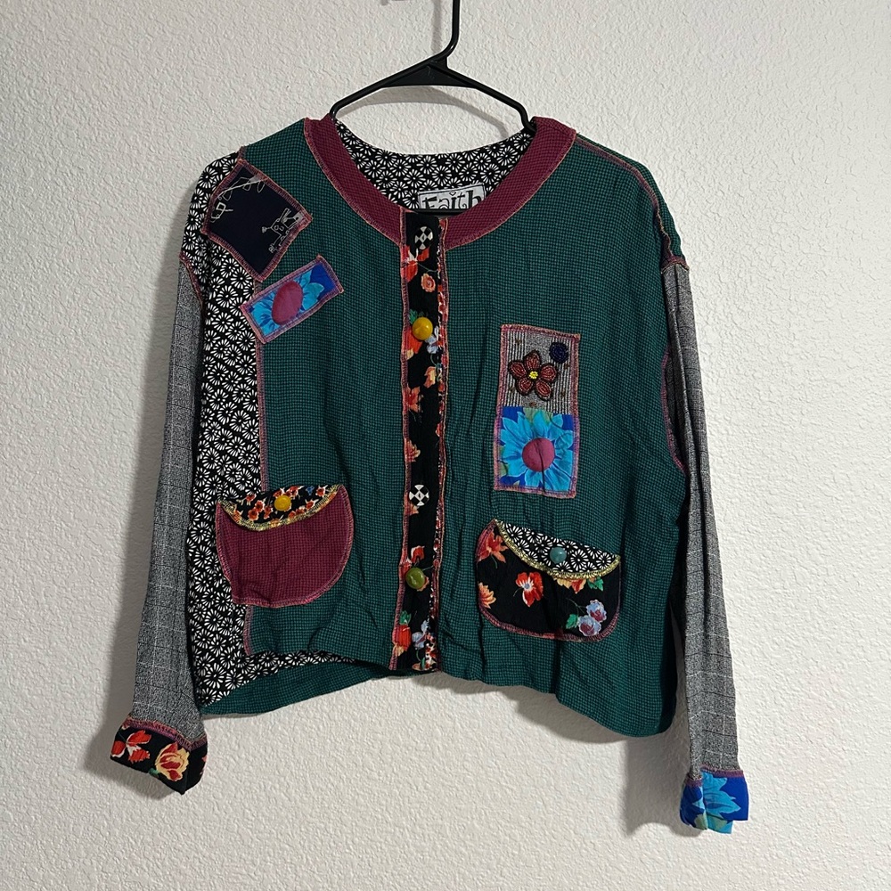 Vintage Y2K Button Up Cardigan M Patchwork Abstract Embroidered Beaded Floral‎